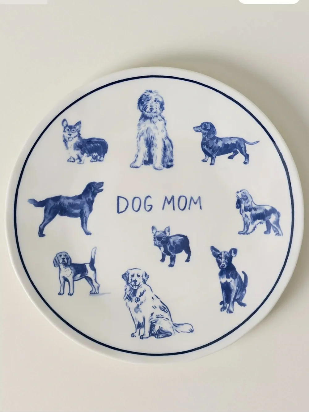 Anthropologie Dog Mom Stoneware Dessert Plate in Blue and White